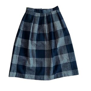 Vintage High-Waisted Wool Midi Skirt in Navy & Black Glen Plaid 100% Pure Wool